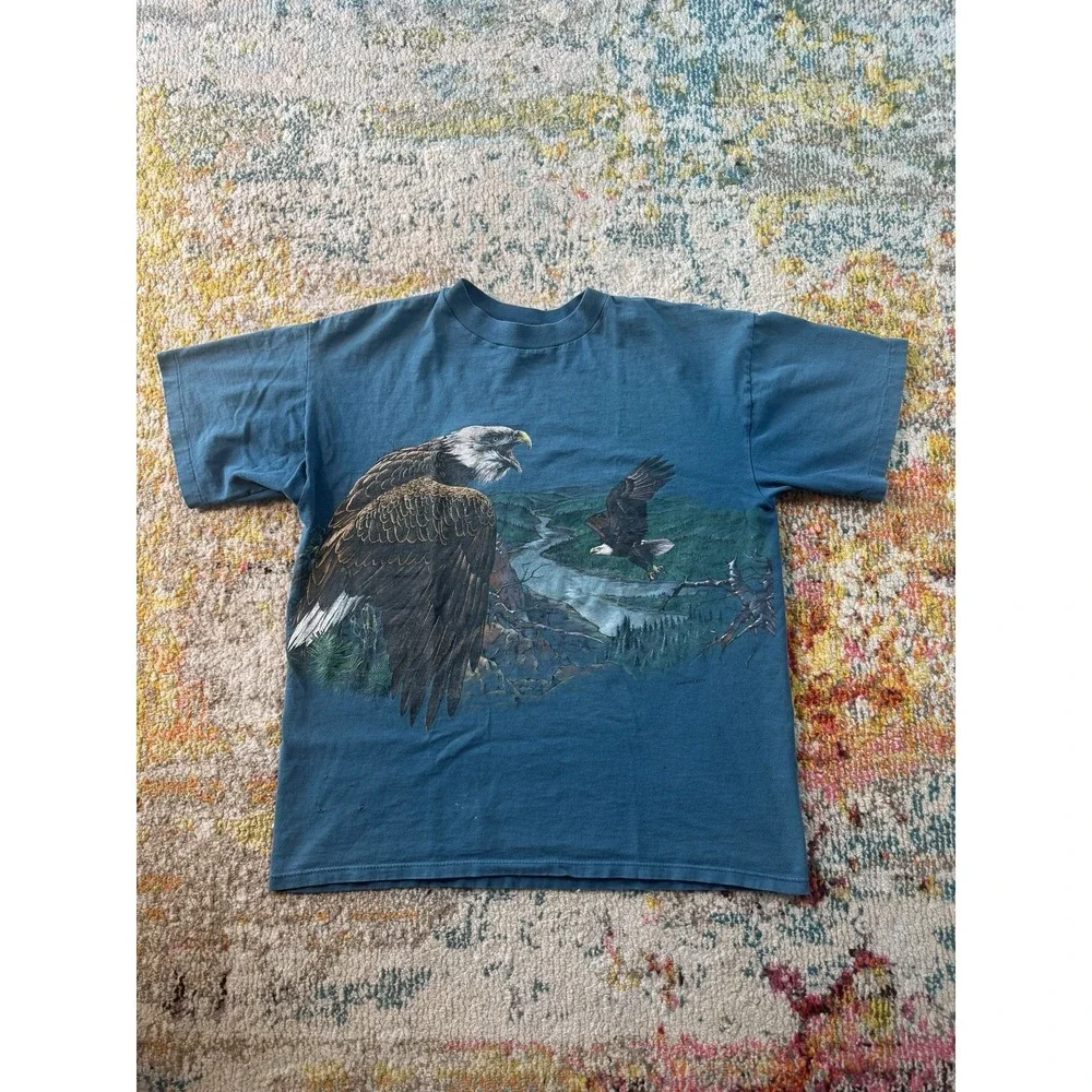 Vintage 90s H.L. Miller Bald Eagle Nature Graphic Tee - Teal Blue Size L